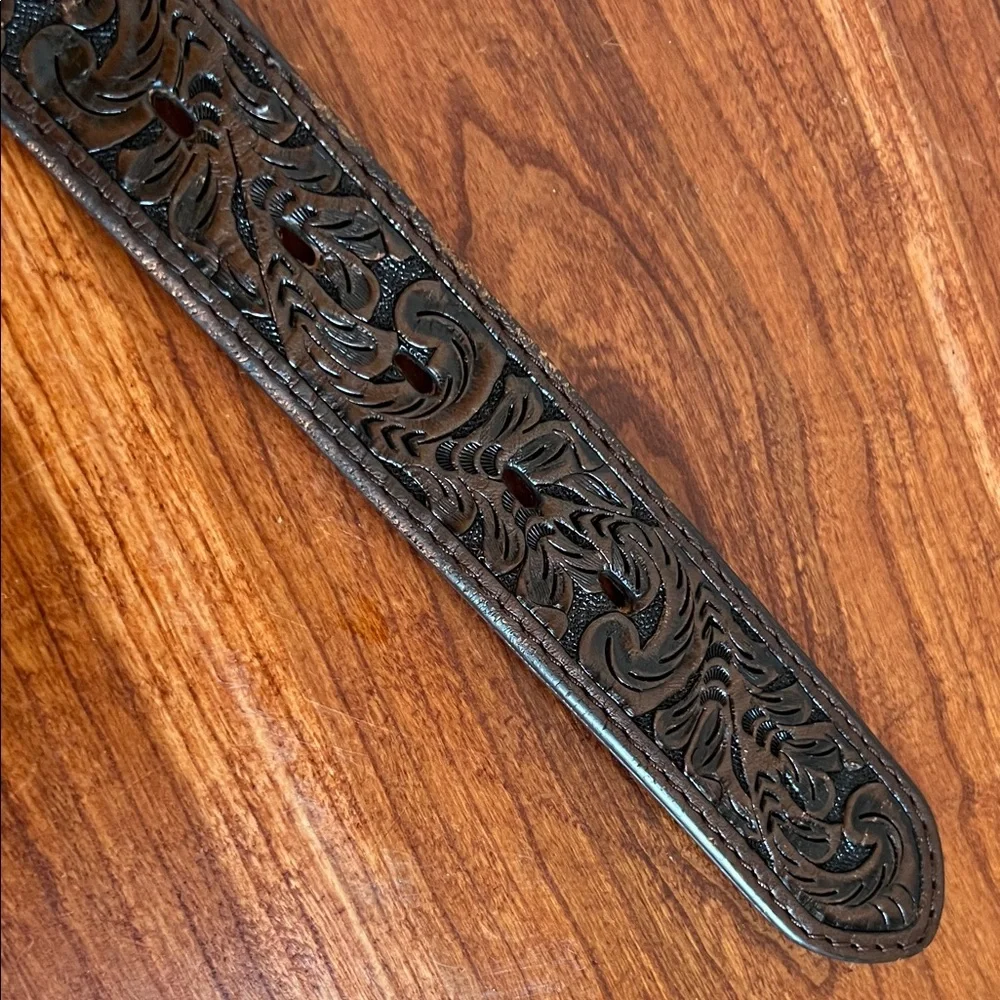3D Belt Company Brown Leather Belt with silver buckle and cow hide studded style